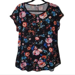 Cool Melon Stretchy Floral Short-Sleeve Top Size XL Black Multi-Colored